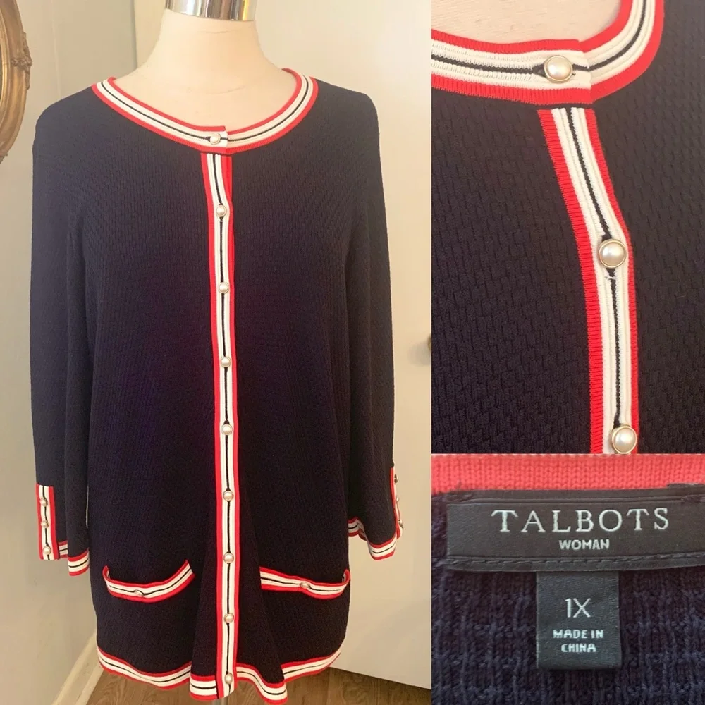 Talbots Navy Blue Cardigan Sweater Textured Preppy Knit career casual 1X 14 16 - Picture 4 of 16